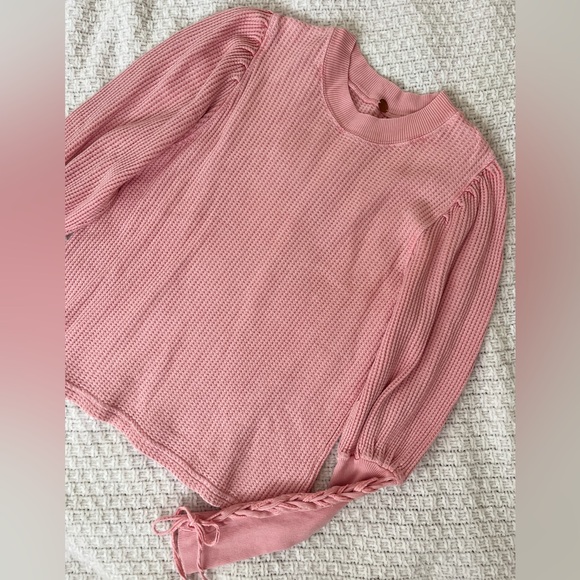 NWT Free People Tasha One Top Pink Waffle Knit Laceup Long Puff Sleeves SZ:M-L - Picture 5 of 13